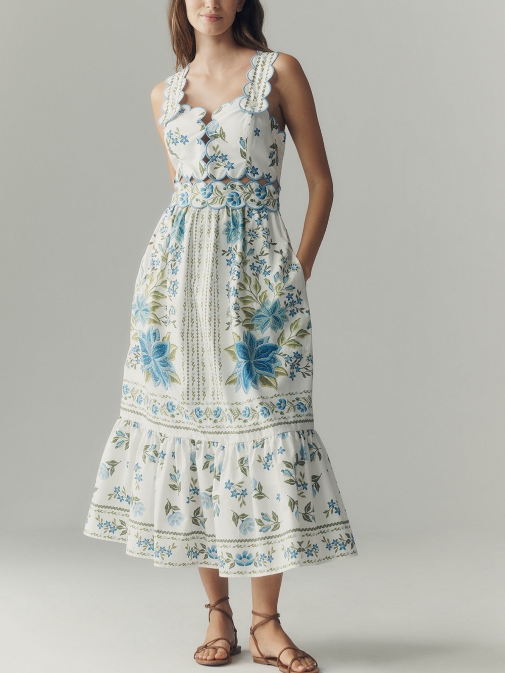Farm Rio Sleeveless Scallop-Trim Printed Midi Dress